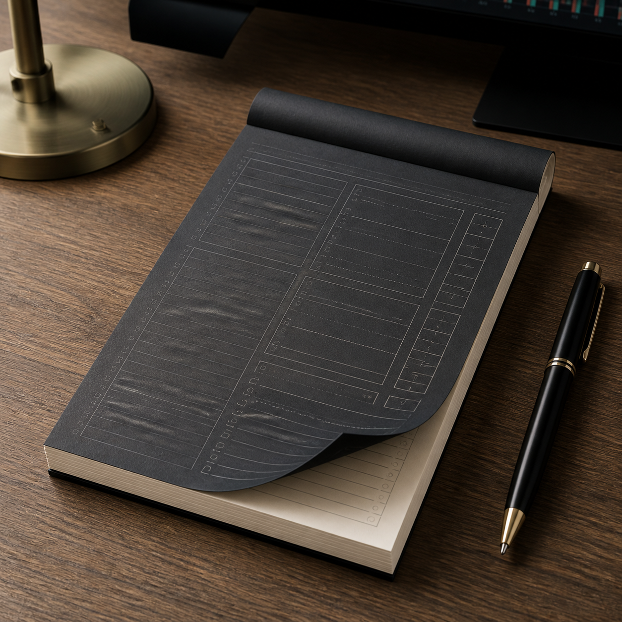 Photoreal charcoal TRADE DESK Levels Notepad on a trading desk