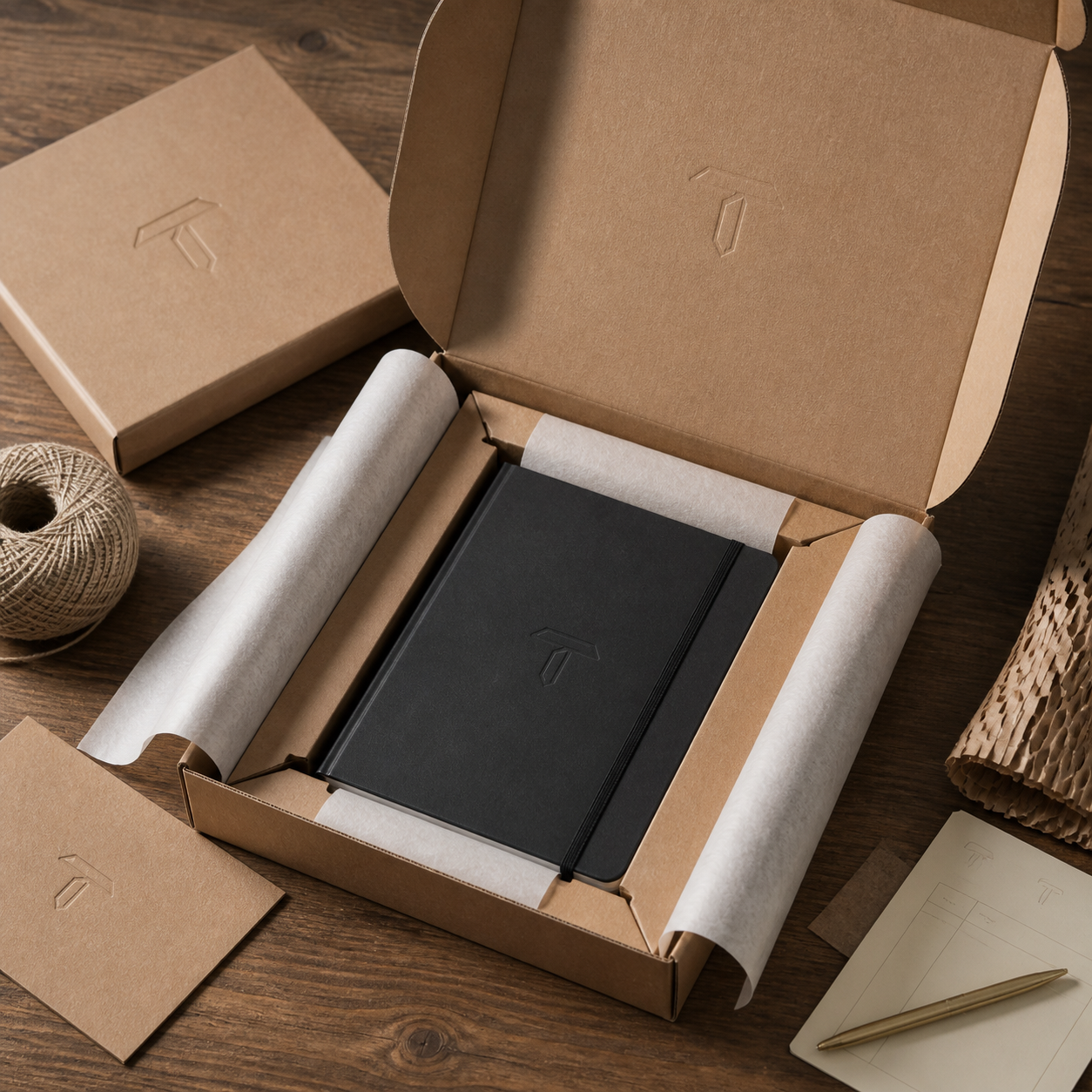 Photoreal TRADE DESK founder fulfilment packaging for an A5 notebook