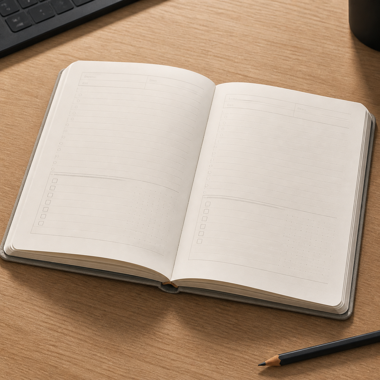 Photoreal TRADE DESK Study Notebook open to structured study pages
